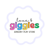 Logo of 'love & giggles sensory play store' with colorful text on a white background